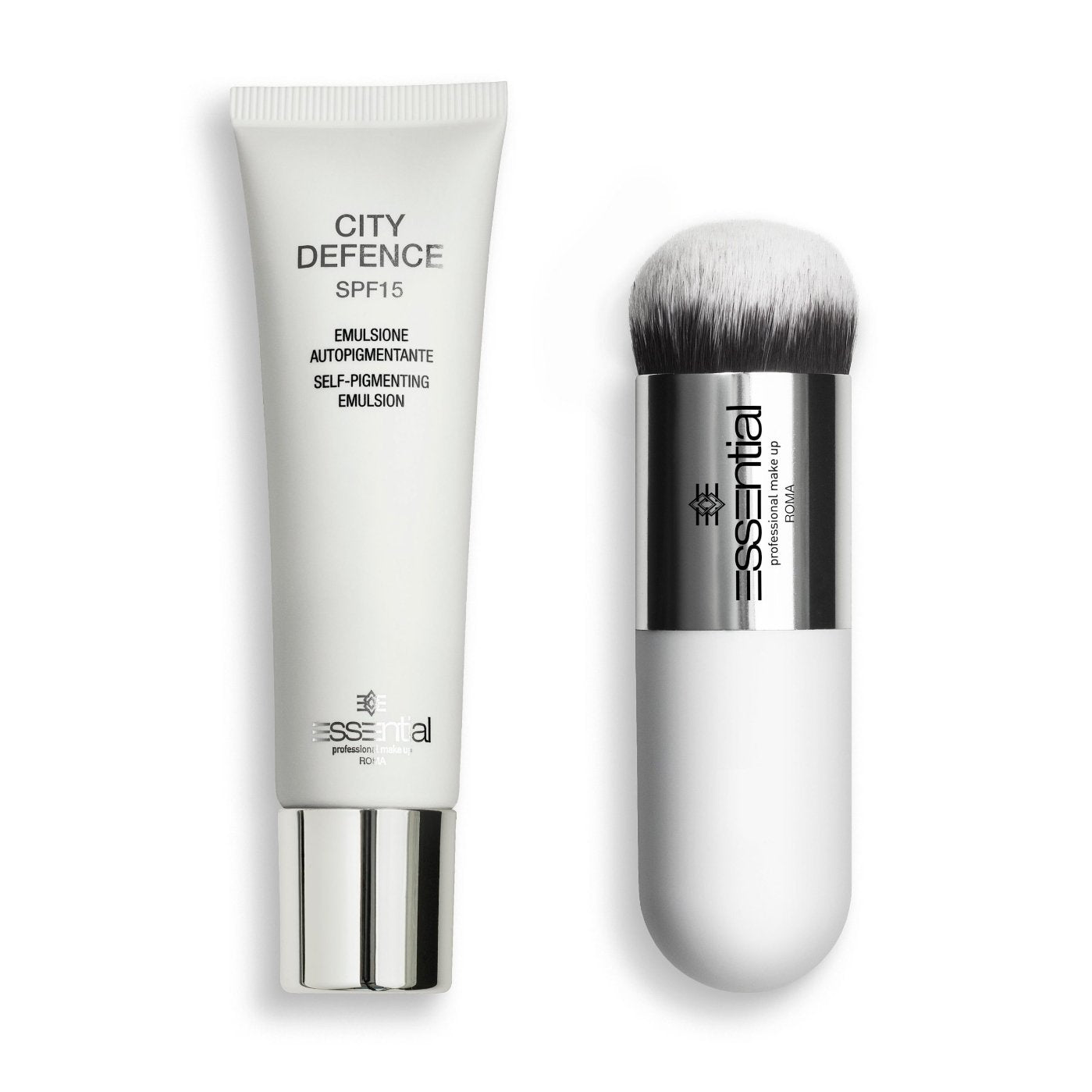 Essential City Defence Emulsion + Brush - Schutz vor Umwelt - Sonnenschutz - pigmentiert - Vorderseite - Make Up für trockene Haut - Pure Luxe Luxury Cosmetics